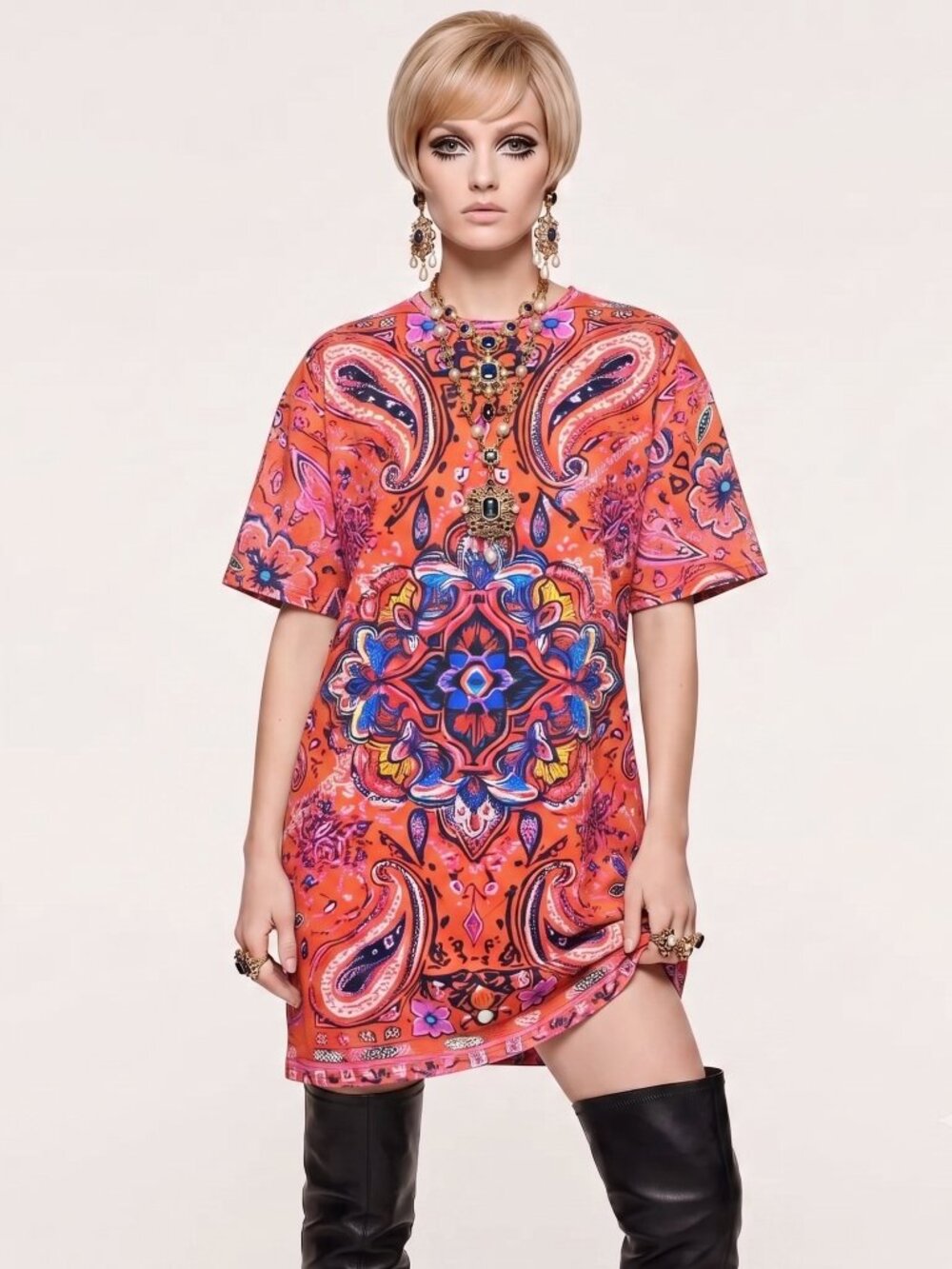Red Orange Paisley Cotton Tee Shirt Dress,Bandana Shirtdress Size 2xl Oversized